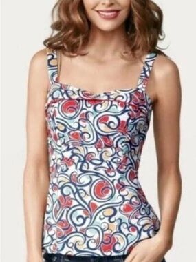 Cabi Swirl Print Smocked Peplum Blouse Red, Navy & Yellow